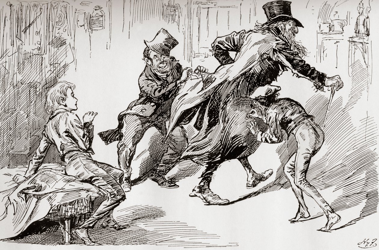 Zlodějská kuchyně. Oliverovi je ukázáno, jak se to dělá, ilustrace z knihy "Oliver Twist", kterou napsal Charles Dickens, z edice The Testimonial Edition, vydané v roce 1910. od Harry Furniss