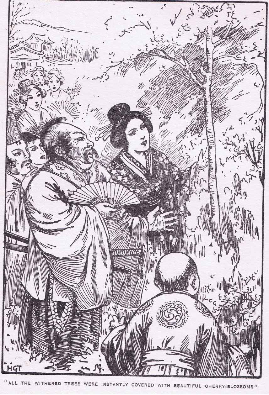 Všechny uschlé stromy se okamžitě pokryly krásným třešňovým květem (Stařec, který nechal uschnout stromy) (litografie) od Harry George Theaker