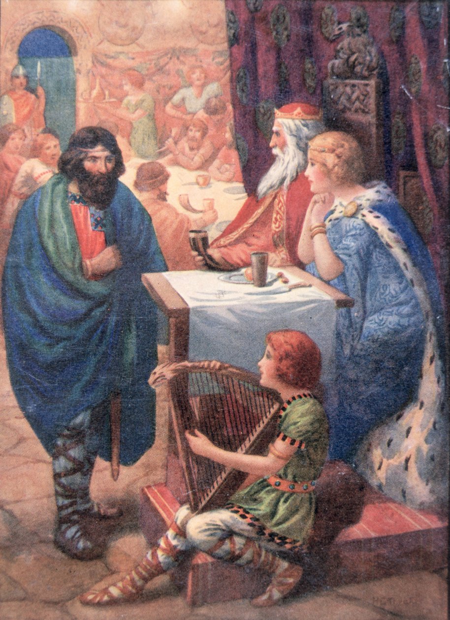 Scéna hostiny z knihy "Dětské příběhy ze severských legend", kterou vydal Raphael Tuck (barevná litografie) od Harry George Theaker