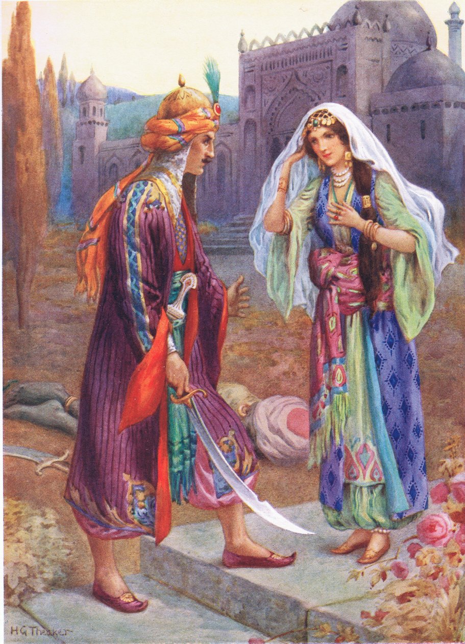 Codadad zabíjí černošského obra, ilustrace z "Dětských příběhů z arabských nocí", Rose Yeatman Woolfová, cca 1920 (barevná litografie) od Harry George Theaker