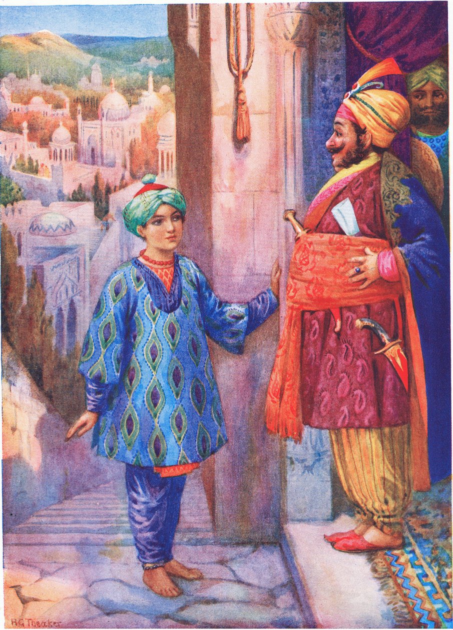 Vyžádal si audienci u velkovezíra. Z knihy "Chlapec, který viděl kroky", ilustrace z "Dětských příběhů z indiánských legend", asi 30. léta 20. století (barevná litografie). od Harry George Theaker