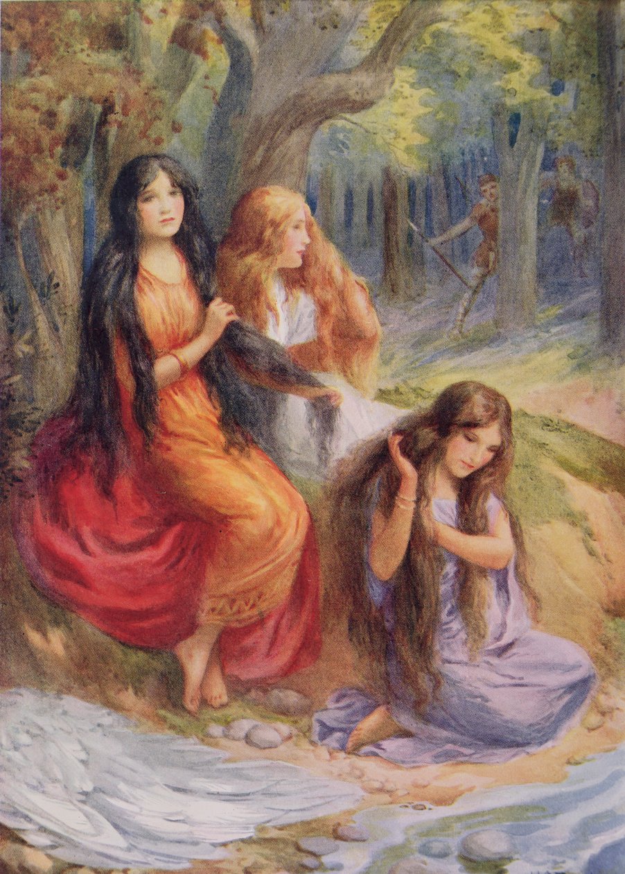 Hladgrun, Olrun a Alvit, ilustrace z knihy "The Wayland Smith" ilustrované v "Northern Legends" od Raphaela Tucka (pub) (barevná litografie) od Harry George Theaker