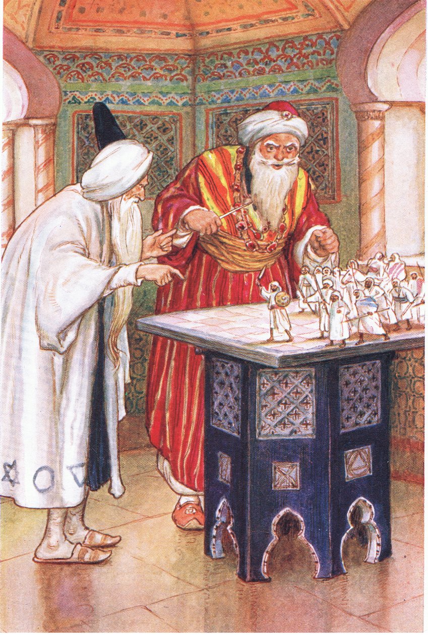 Král Aben Kabuz a arabský astrolog (z příběhu Arabský astrolog), ilustrace z "Příběhů z Alhambry", asi 1940 (barevná litografie) od Harry George Theaker