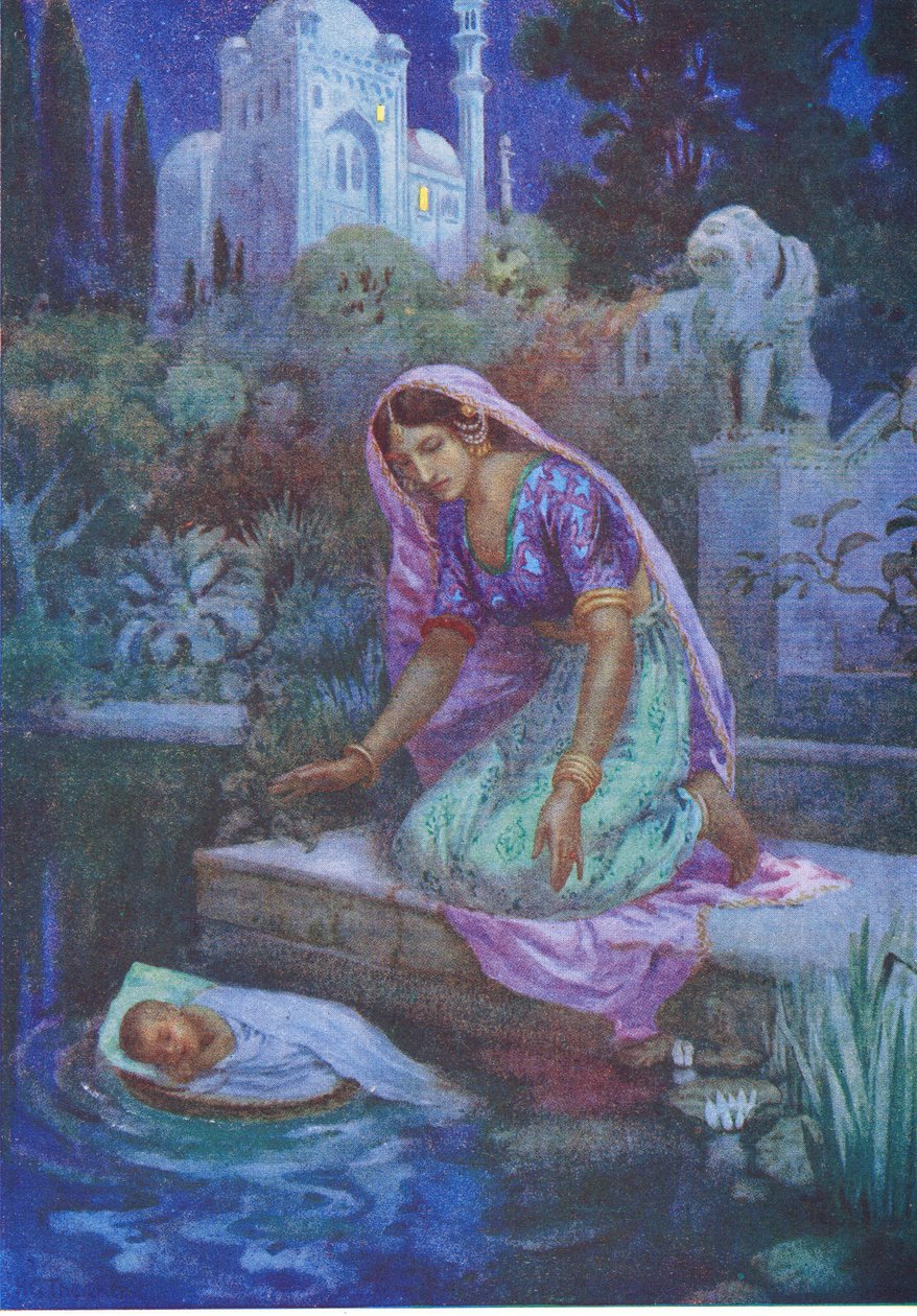 Kunti se neodvážila neuposlechnout. Z knihy Dobrodružní bratři, ilustrace z "Dětských příběhů z indických legend", asi 30. léta 20. století (barevná litografie). od Harry George Theaker