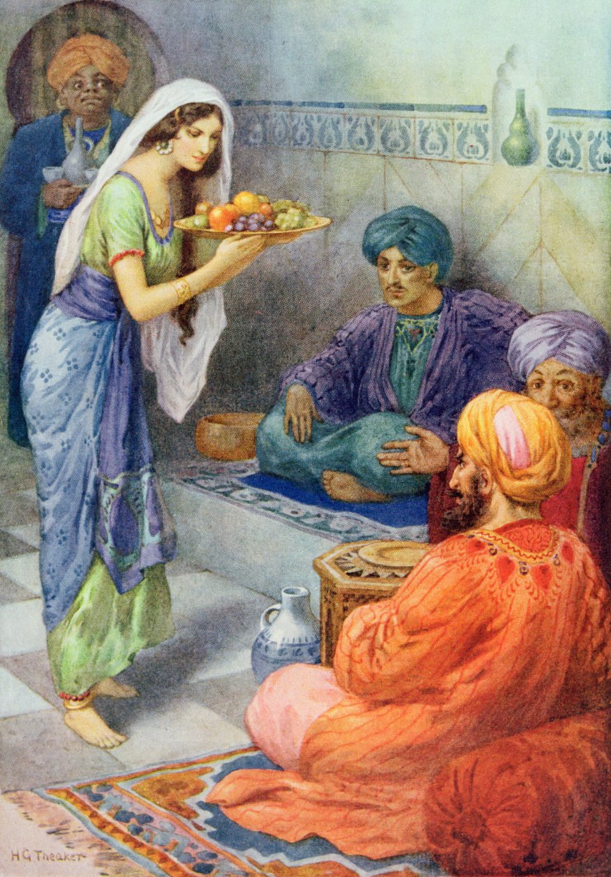Morgiana čeká na hosta, ilustrace z "Dětských příběhů z arabských nocí", Rose Yeatman Woolfová, cca 1920 (barevná litografie) od Harry George Theaker