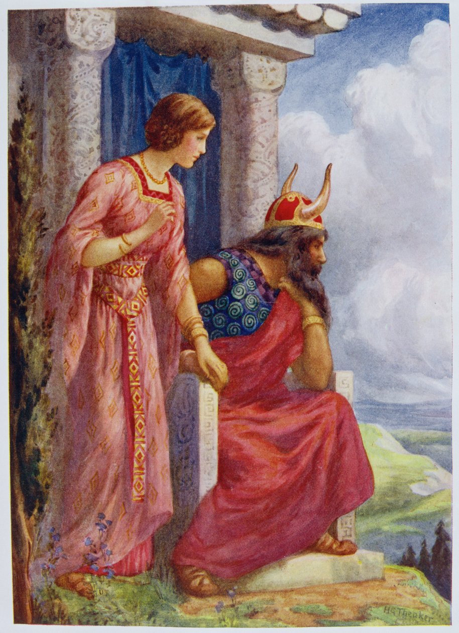 "Odin a Frigga" z knihy "Asgard a jeho král" s ilustracemi pro knihu "Dětské příběhy ze severských legend", kterou vydal Raphael Tuck od Harry George Theaker