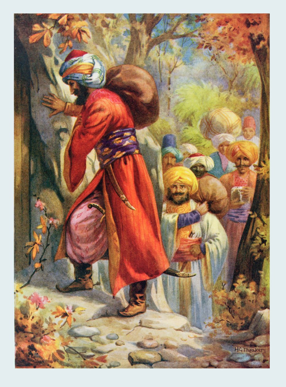 "Otevřený sezam", ilustrace z "Dětských příběhů z arabských nocí", Rose Yeatman Woolfová, cca 1920 (barevná litografie) od Harry George Theaker
