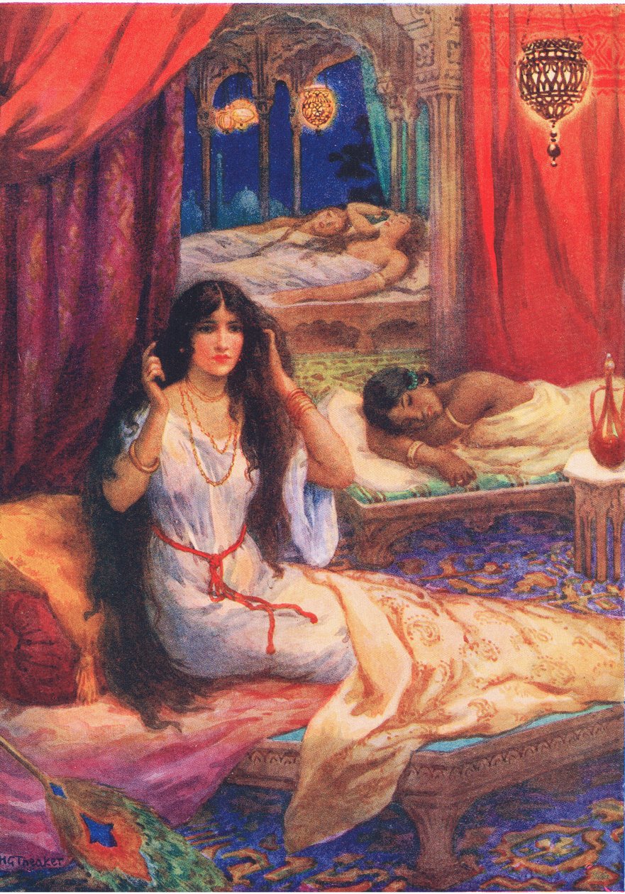 Pabhavati se probudila. Z knihy "Princ s tvrdým srdcem", ilustrace z knihy "Dětské příběhy z indických legend", asi 30. léta 20. století (barevná litografie). od Harry George Theaker
