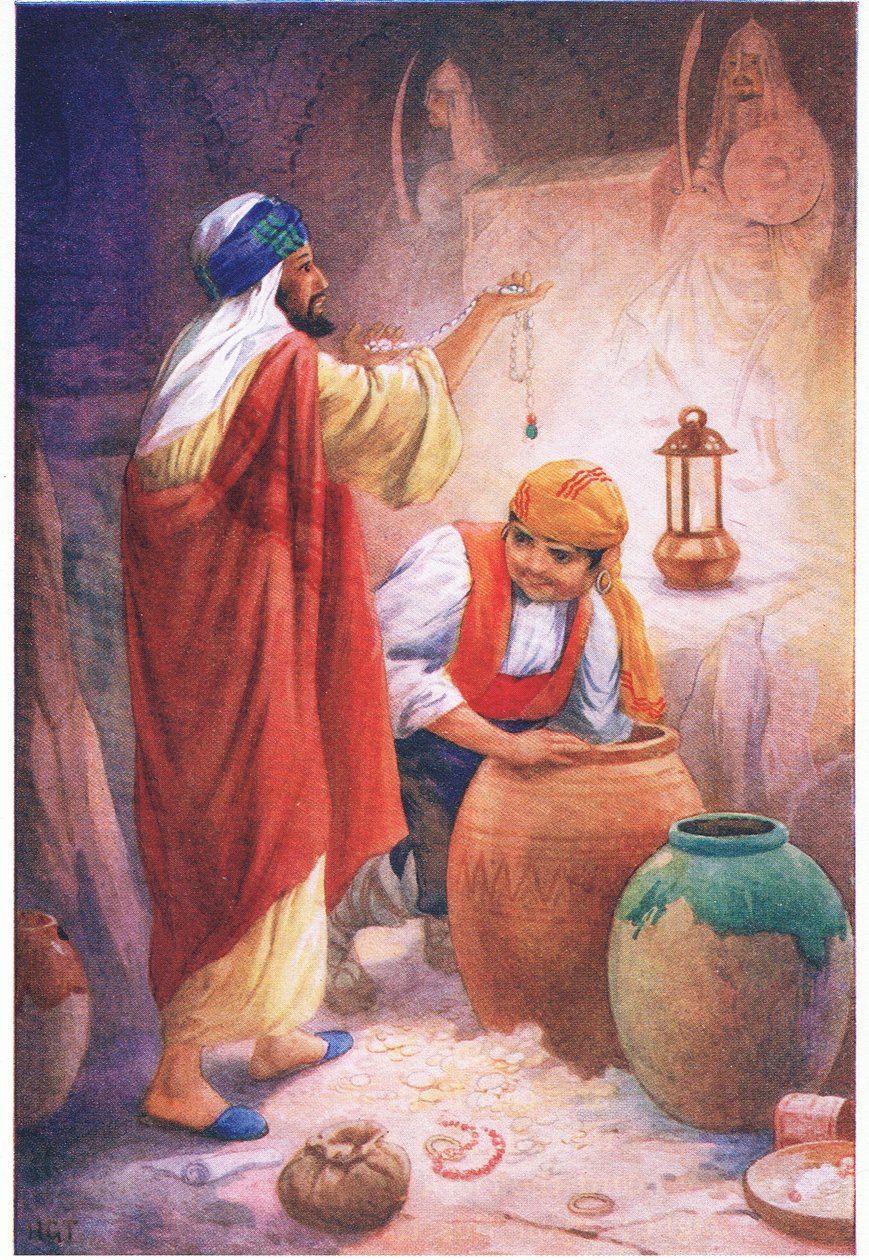 Peregil, Gallego a Maur (z příběhu Maurův odkaz), ilustrace z "Příběhů z Alhambry", cca 1940 (barevná litografie) od Harry George Theaker
