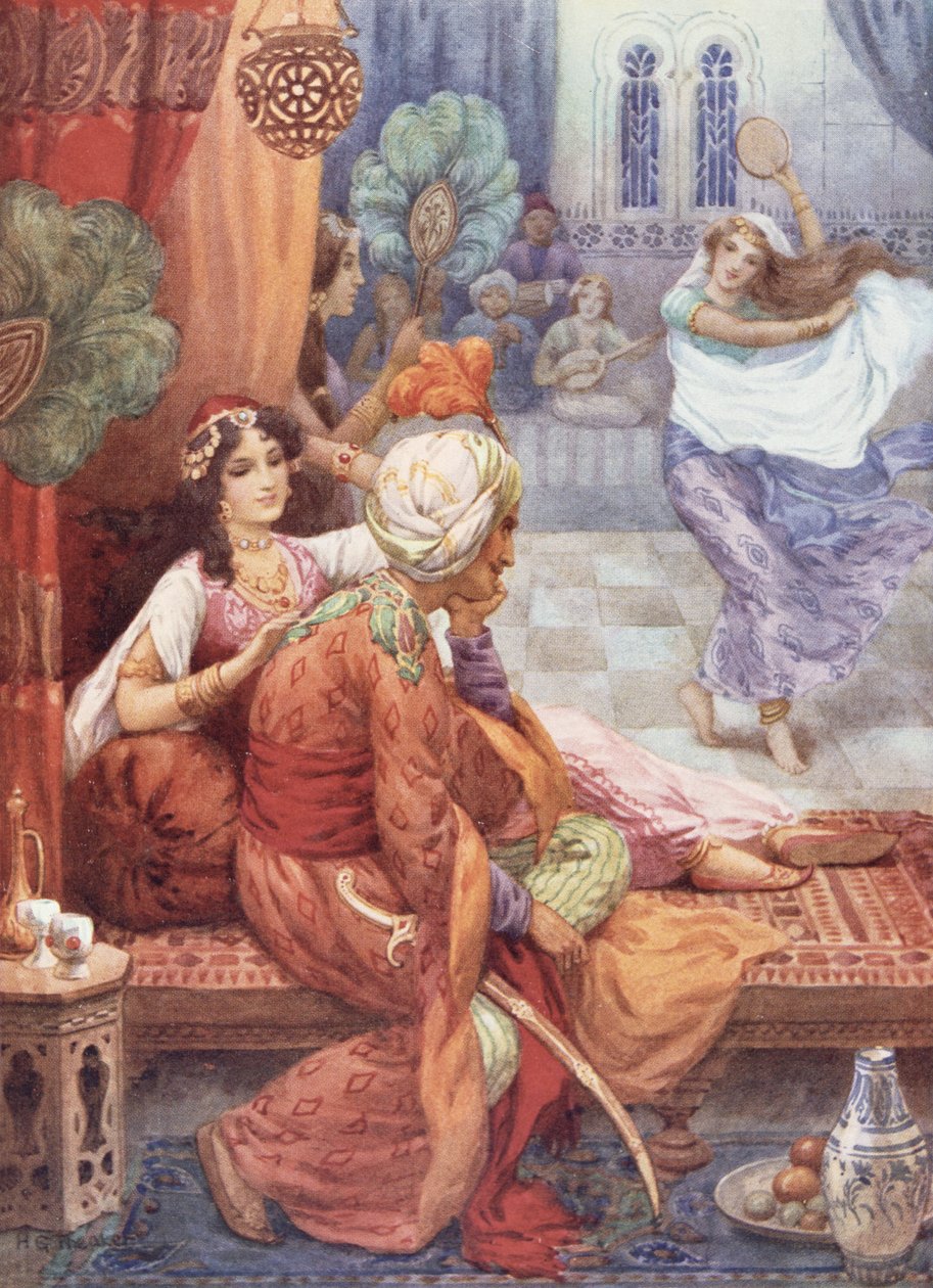 Princ Ahmed a víla Banou, ilustrace z "Dětských příběhů z Arabských nocí", Rose Yeatman Woolfová, cca 1920 (barevná litografie) od Harry George Theaker