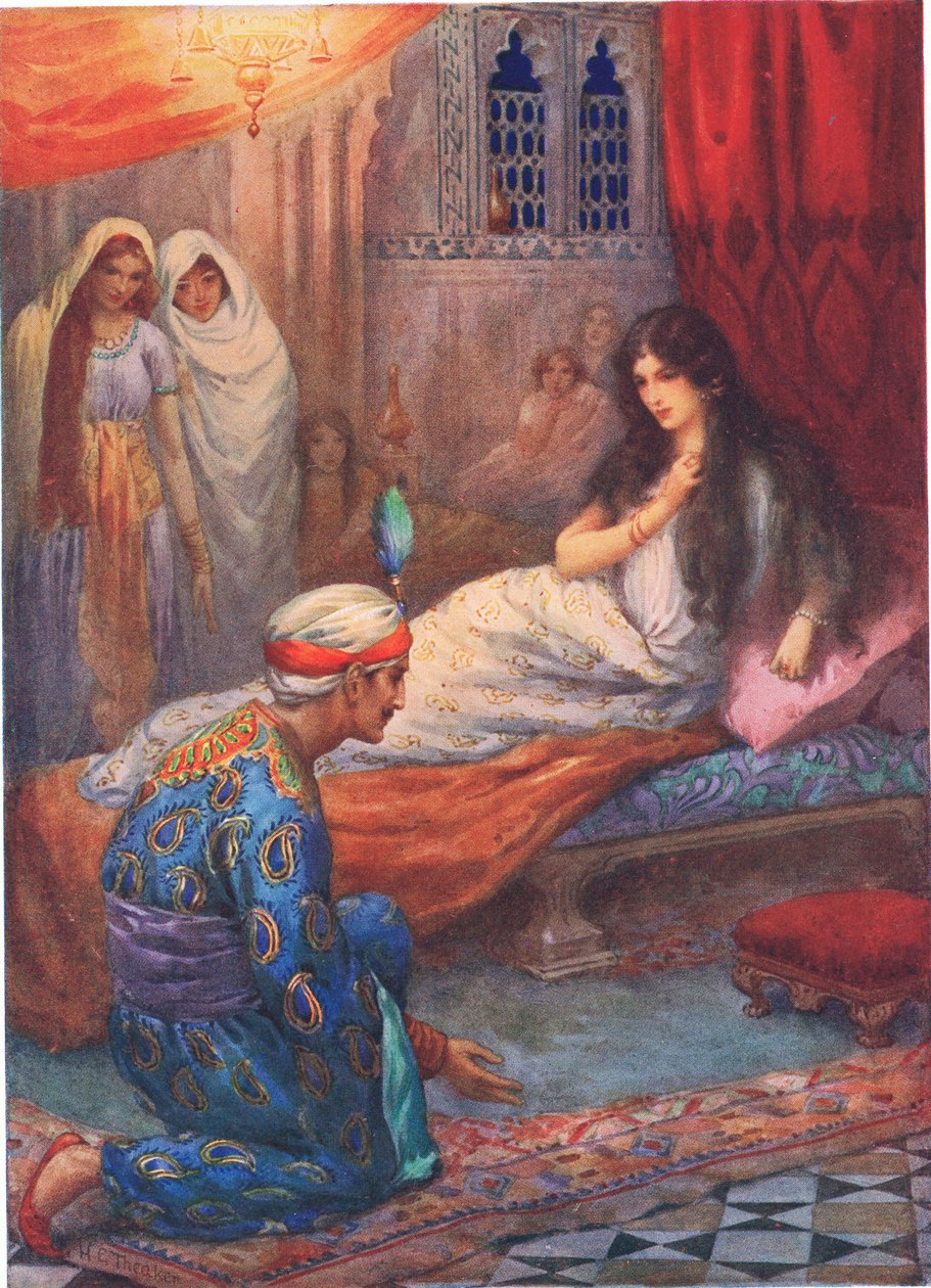 Princ Feroze-Shah probouzí krásnou princeznu, ilustrace z "Dětských příběhů z arabských nocí", Rose Yeatman Woolf, cca 1920 (barevná litografie) od Harry George Theaker