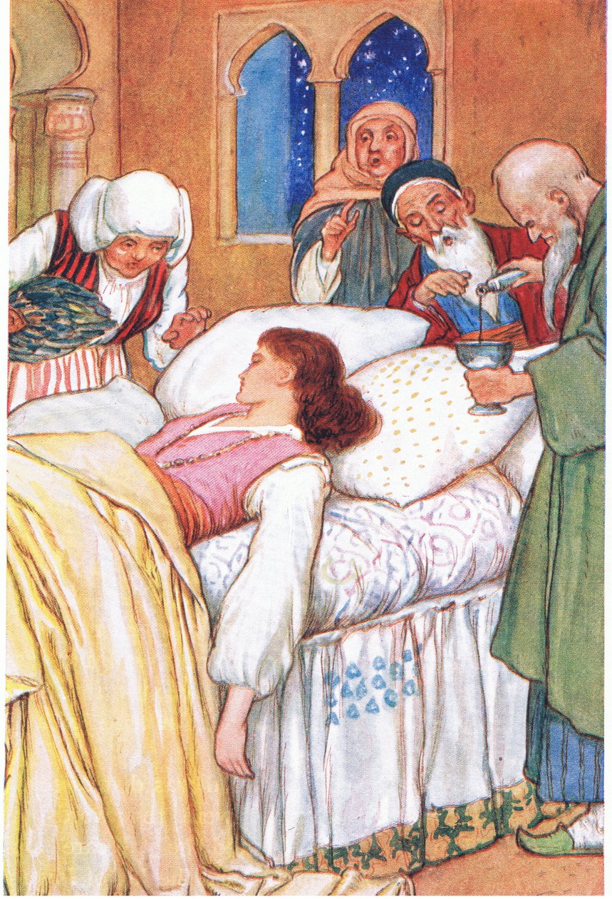 Princezna Aldebonda a její lékaři (z příběhu (Poutníci lásky), ilustrace z "Příběhů z Alhambry", asi 1940 (barevná litografie) od Harry George Theaker