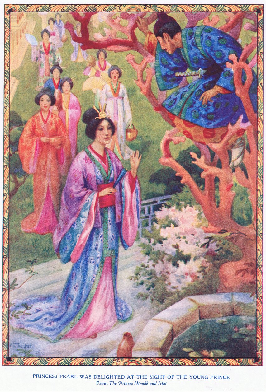 Princezna Perla byla potěšena pohledem na mladého prince (z pohádky Princezna Hinode a Irihi) (litografie) od Harry George Theaker