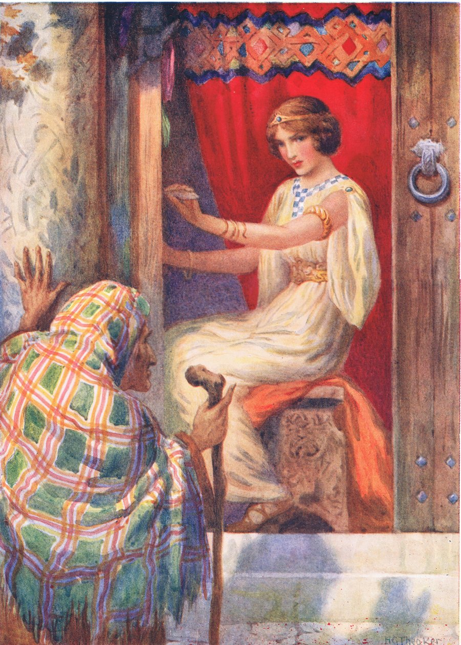"Královna Frigga a Beldame" z knihy "Baldur Belobed" ilustrované v "Dětských příbězích ze severských legend", které vydal Raphael Tuck od Harry George Theaker