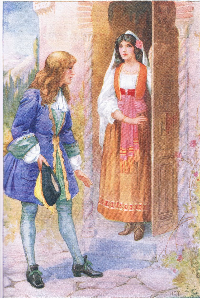 Ruyz De Alercon a růže z Alhambry (z příběhu Růže z Alhambry) , ilustrace z "Příběhů z Alhambry", cca 1940 (barevná litografie) od Harry George Theaker