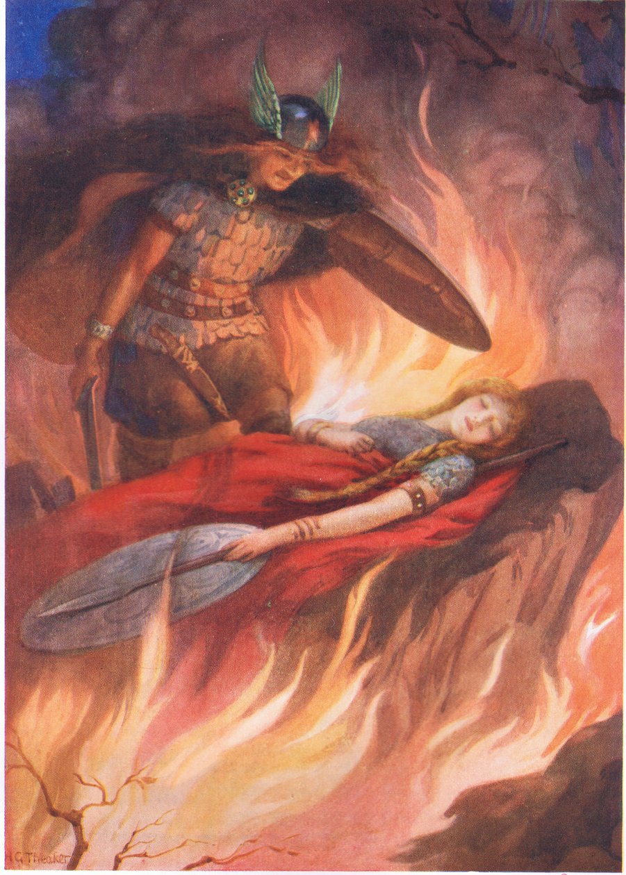 "Sigurd a Brynhilda" z knihy "Meč Volsungů" ilustrovaná v knize "Dětské příběhy ze severských legend" vydané Raphaelem Tuckem (barevná litografie) od Harry George Theaker