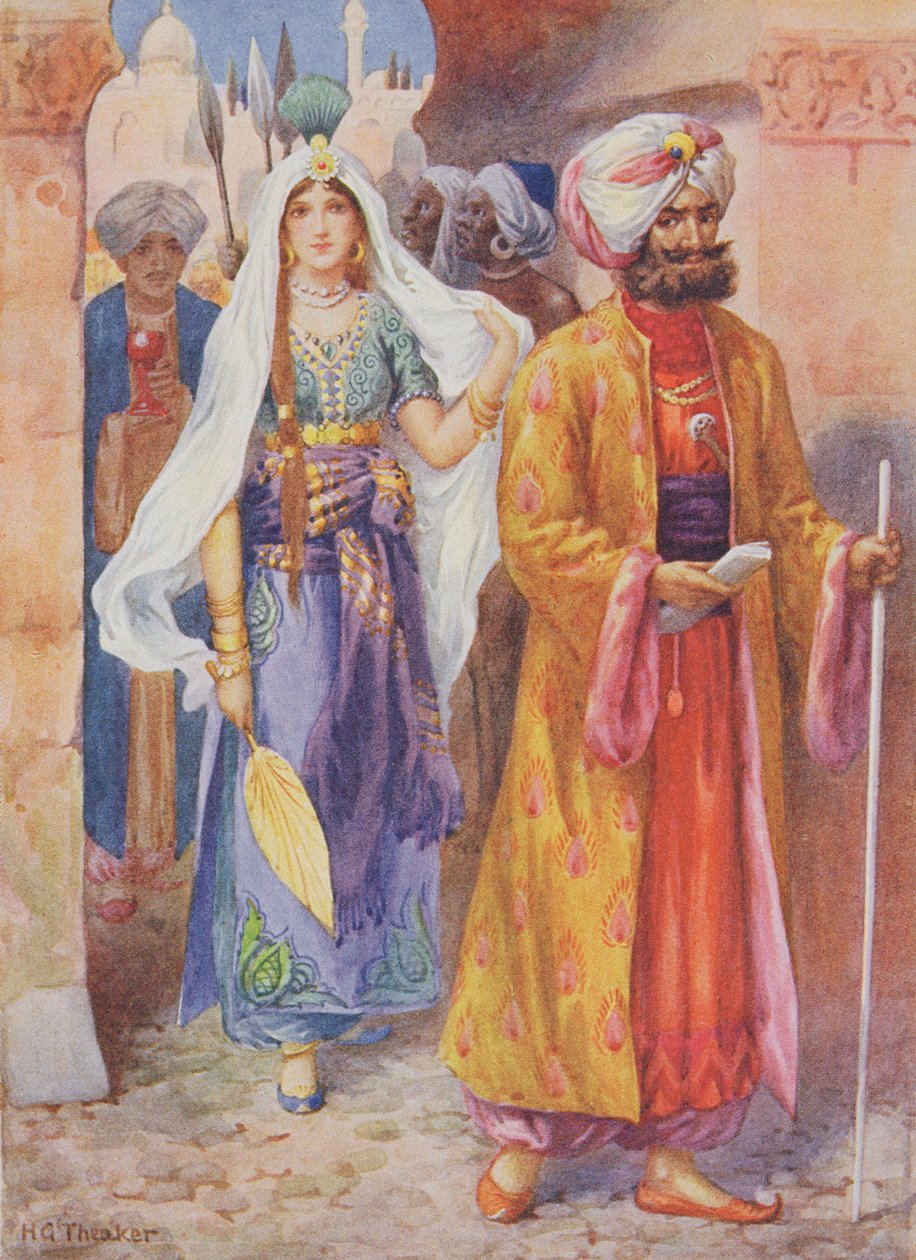Sindibád přináší dary chalífovi, ilustrace z knihy "Dětské příběhy z arabských nocí", Rose Yeatman Woolf, cca 1920 (barevná litografie) od Harry George Theaker