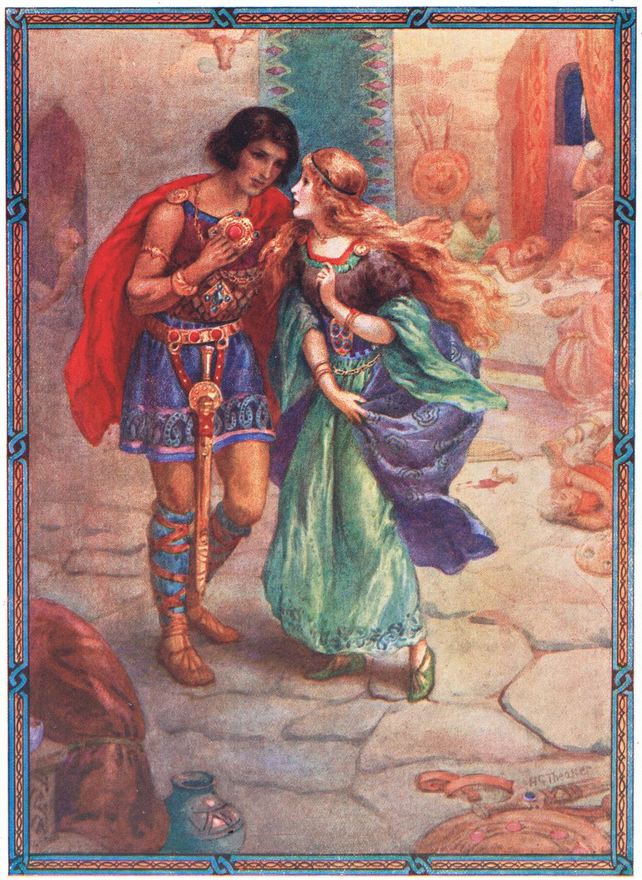 "Vezmi si mě za ženu" (z filmu Diarmud a Grania) (barevná litografie) od Harry George Theaker