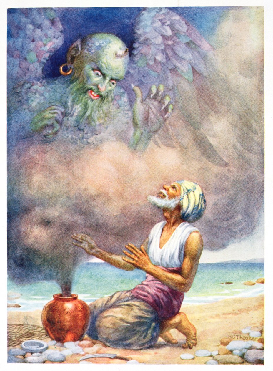 Džin uniká z vázy, ilustrace z "Dětských příběhů z arabských nocí", Rose Yeatman Woolfová, cca 1920 (barevná litografie) od Harry George Theaker