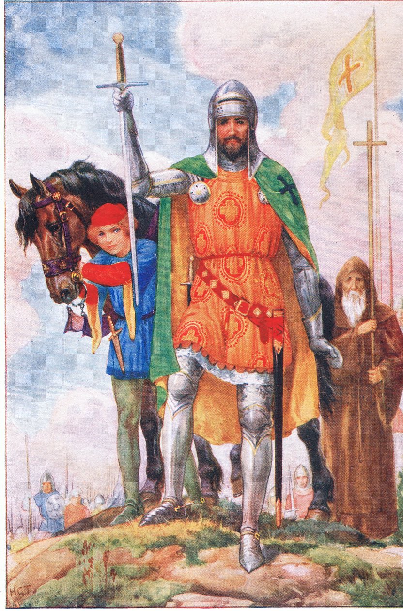 Velmistr z Alicantary a poustevník (z knihy Velmistr z Alicantary), ilustrace z knihy "Příběhy z Alhambry", asi 1940 (barevná litografie) od Harry George Theaker