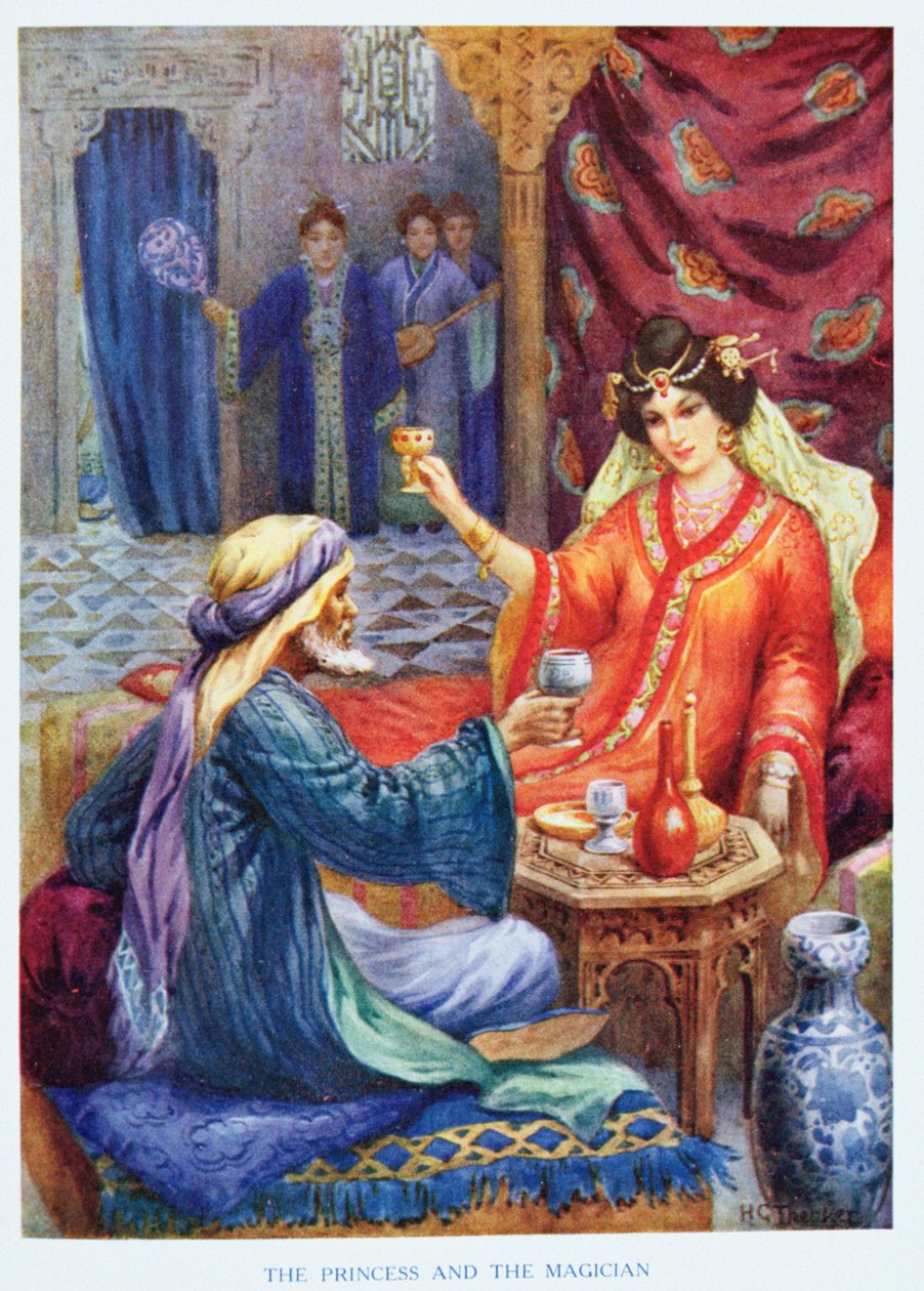 Princezna a kouzelník, ilustrace z "Dětských příběhů z arabských nocí", Rose Yeatman Woolfová, cca 1920 (barevná litografie) od Harry George Theaker