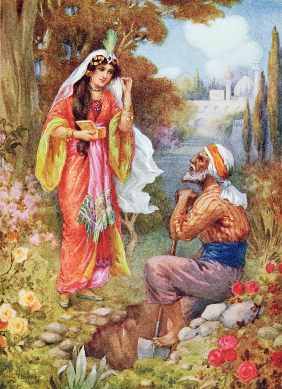 Princezna a perly, ilustrace z "Dětských příběhů z arabských nocí", Rose Yeatman Woolfová, cca 1920 (barevná litografie) od Harry George Theaker