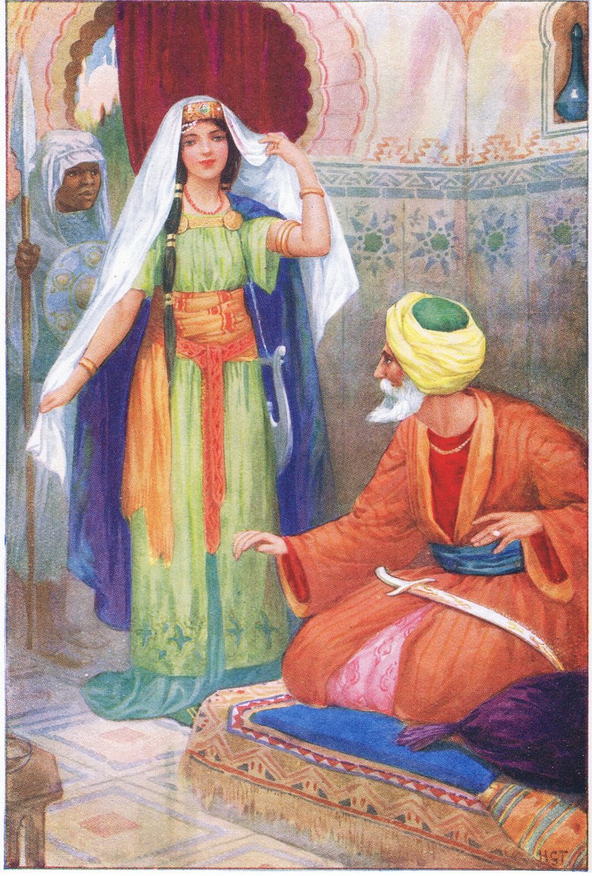 Krásná zajatkyně a Aben Habuz (z příběhu Arabský astrolog), ilustrace z "Příběhů z Alhambry", asi 1940 (barevná litografie) od Harry George Theaker