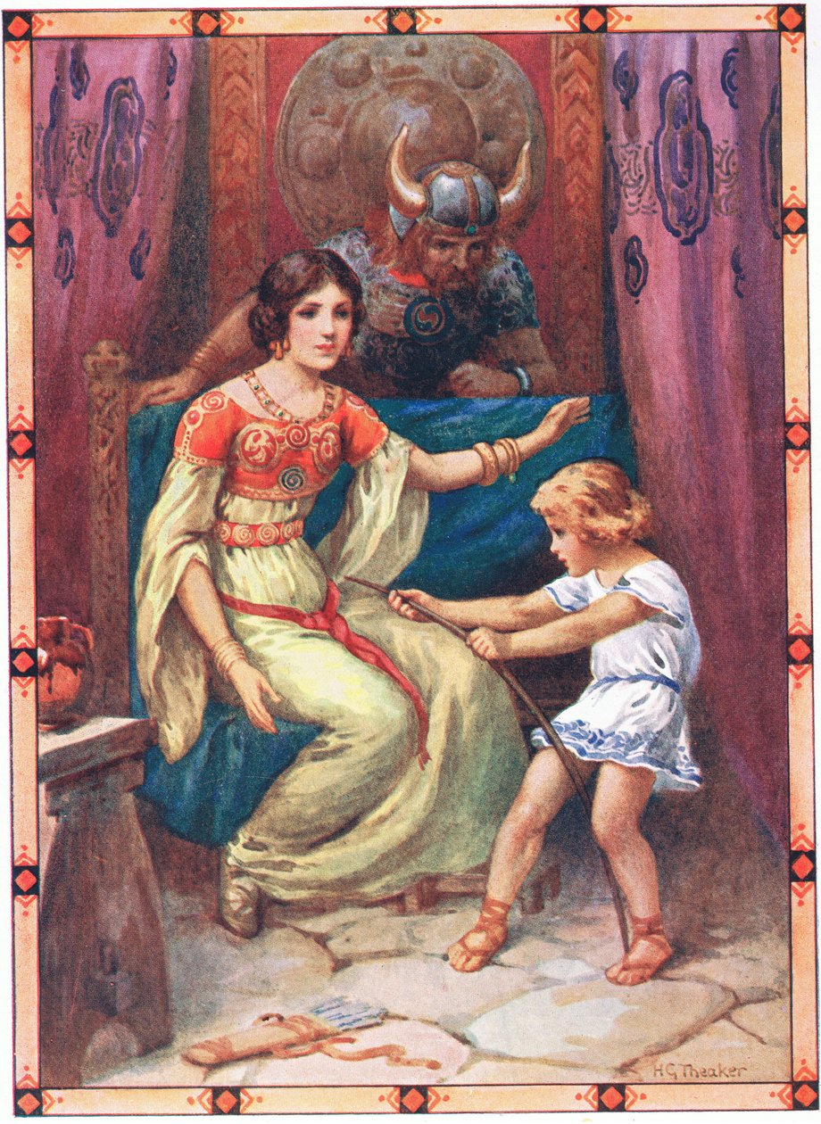 Dítě vykazovalo známky velké síly (z Tyrana ostrovů) (barevná litografie) od Harry George Theaker