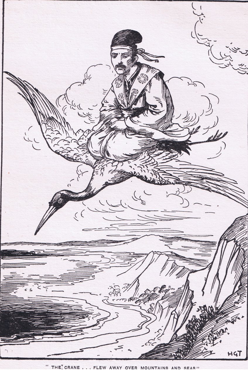 Jeřáb odletěl nad hory a moře (z Příběhu o Sentarovi) (litografie) od Harry George Theaker