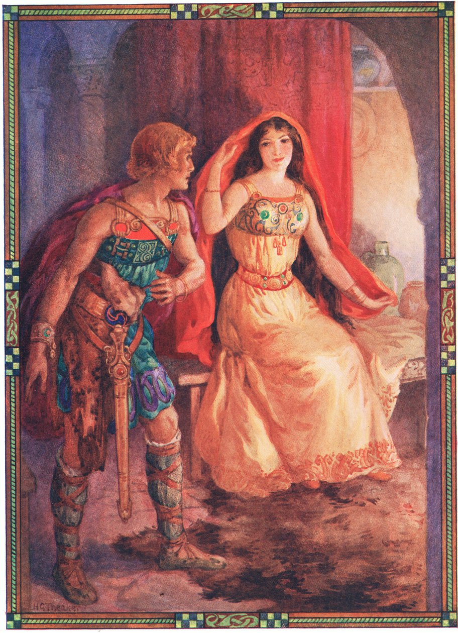 Dáma si odkryla tvář (z knihy The Loathly Lady and the Gallant Rytíř) (barevná litografie) od Harry George Theaker