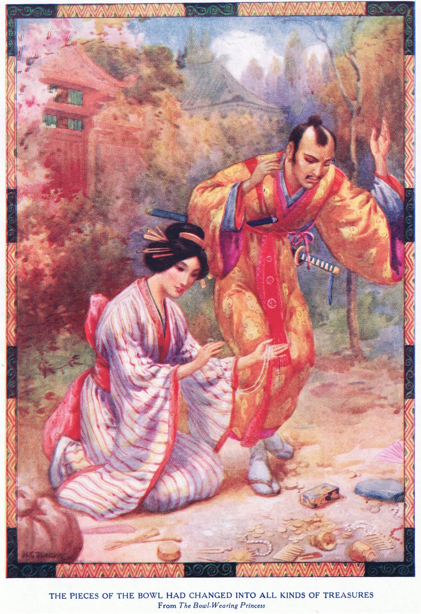 Kousky mísy se proměnily v nejrůznější poklady (od Princezny, která nosí mísu) (litografie) od Harry George Theaker