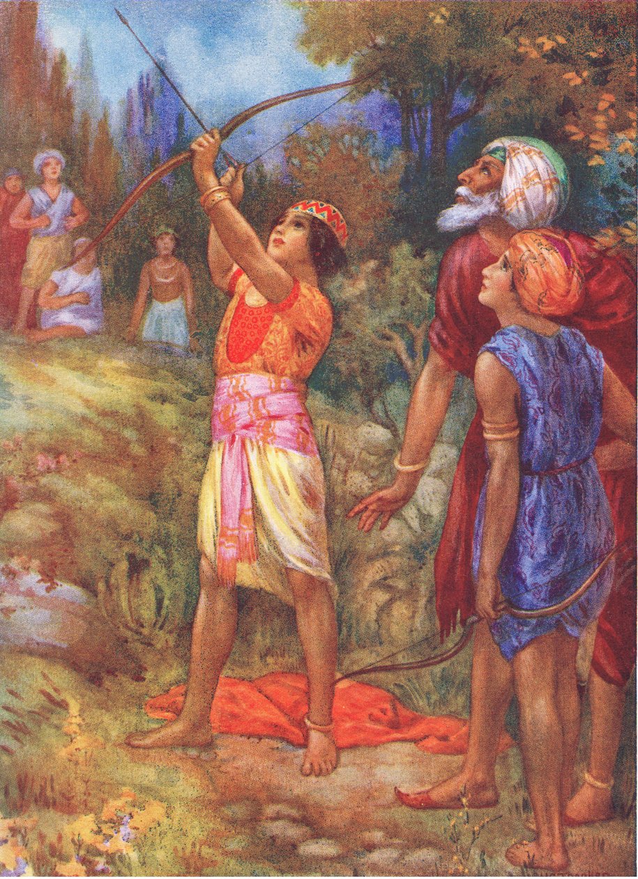"Tak křičte," zvolal stařec neochotně. Z knihy Dobrodružní bratři, ilustrace z knihy "Dětské příběhy z indiánských legend", asi 30. léta 20. století (barevná litografie). od Harry George Theaker