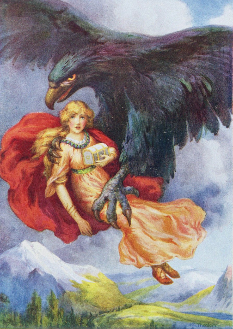 "Thiassi a Iduna" z knihy "Jablka Iduny", ilustrováno v "Dětských příbězích ze severských legend" vydaných Raphaelem Tuckem (barevná litografie) od Harry George Theaker