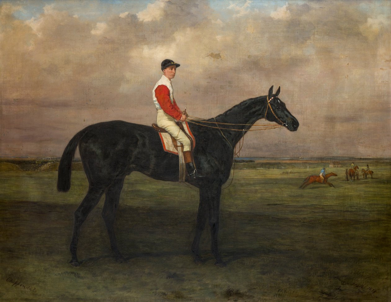 Chippendale-A dostihový kůň s žokejem na dostihovém závodišti Newmarket, kolem roku 1874 (olej na plátně) od Harry Hall