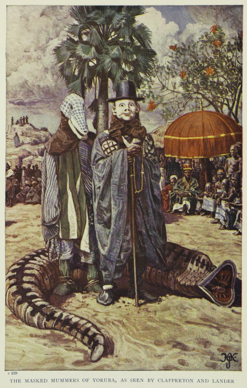 Maskovaní mumraj z Yoruby, jak je viděli Clapperton a Lander, ilustrace z „Pioneers of West Africa“, 1912 od Harry Hamilton Johnston