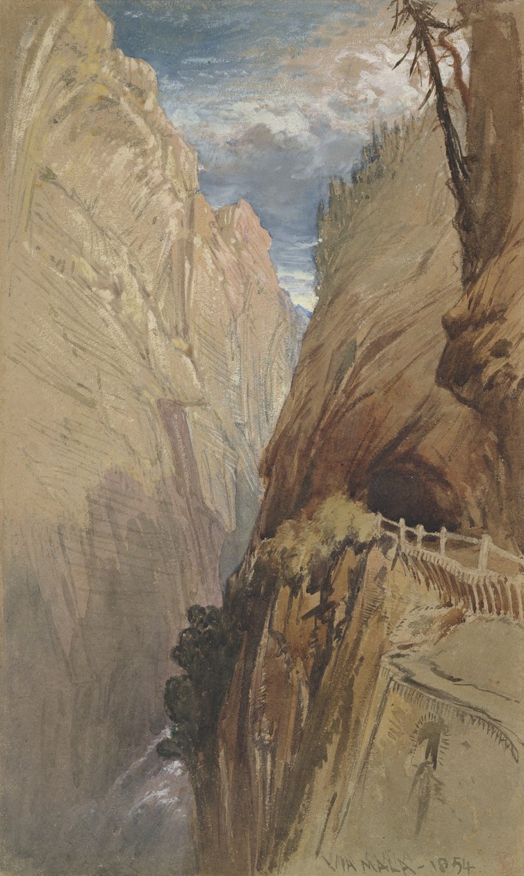 Via Mala, Švýcarsko, 1854, (wc a barva karoserie na šedém papíře) od Harry John Johnson