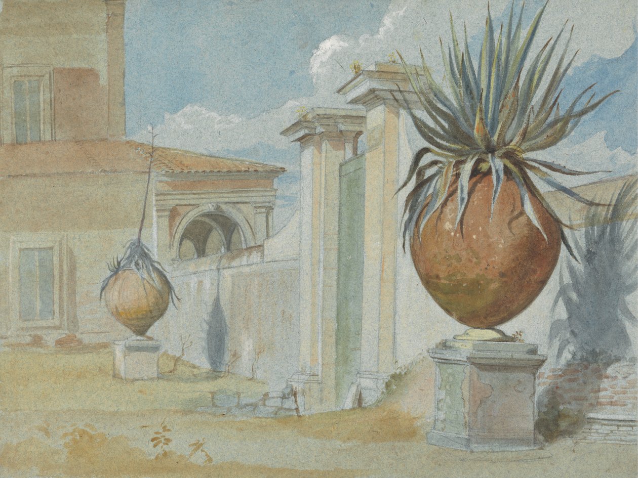 Villa Massimo, Řím: Brána lemovaná palmami ve velkých hliněných nádobách od Harry John Johnson