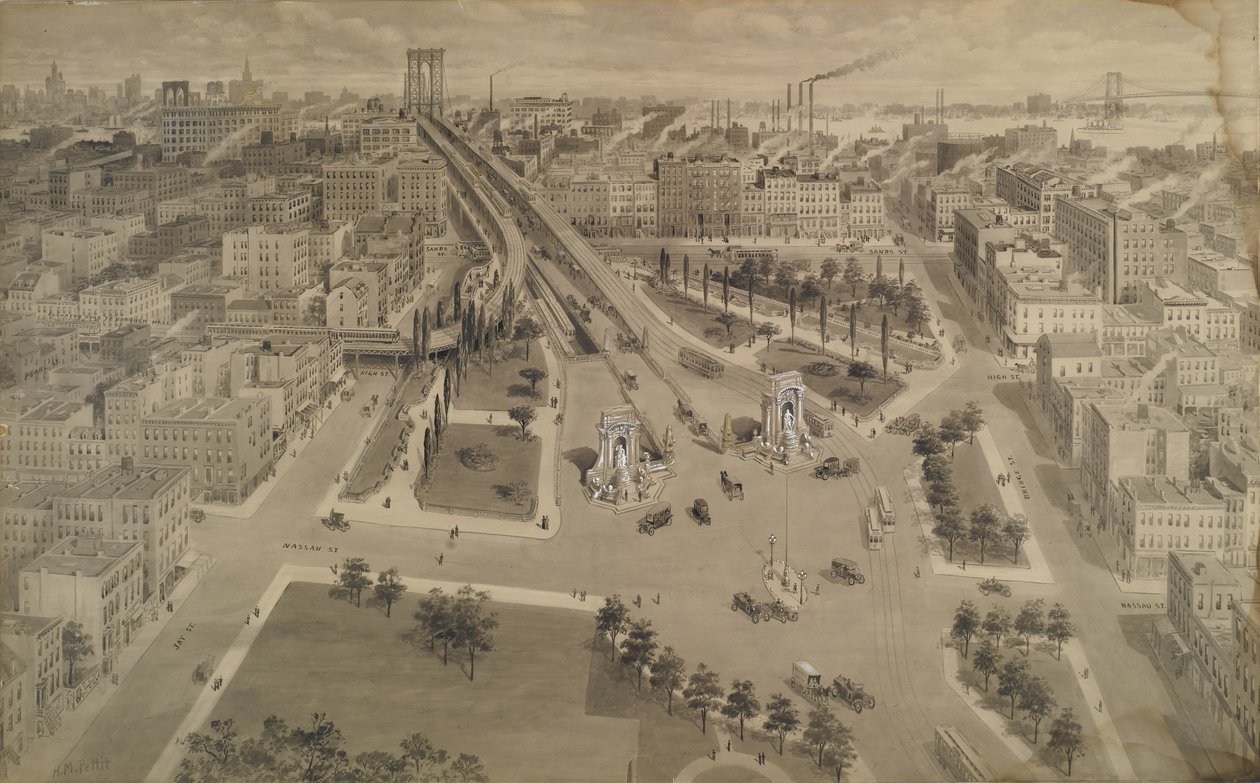 Brooklyn Plaza na Manhattanském mostě, kolem roku 1917 (indický inkoust a mytí s neprůhlednou bílou) od Harry M. Pettit