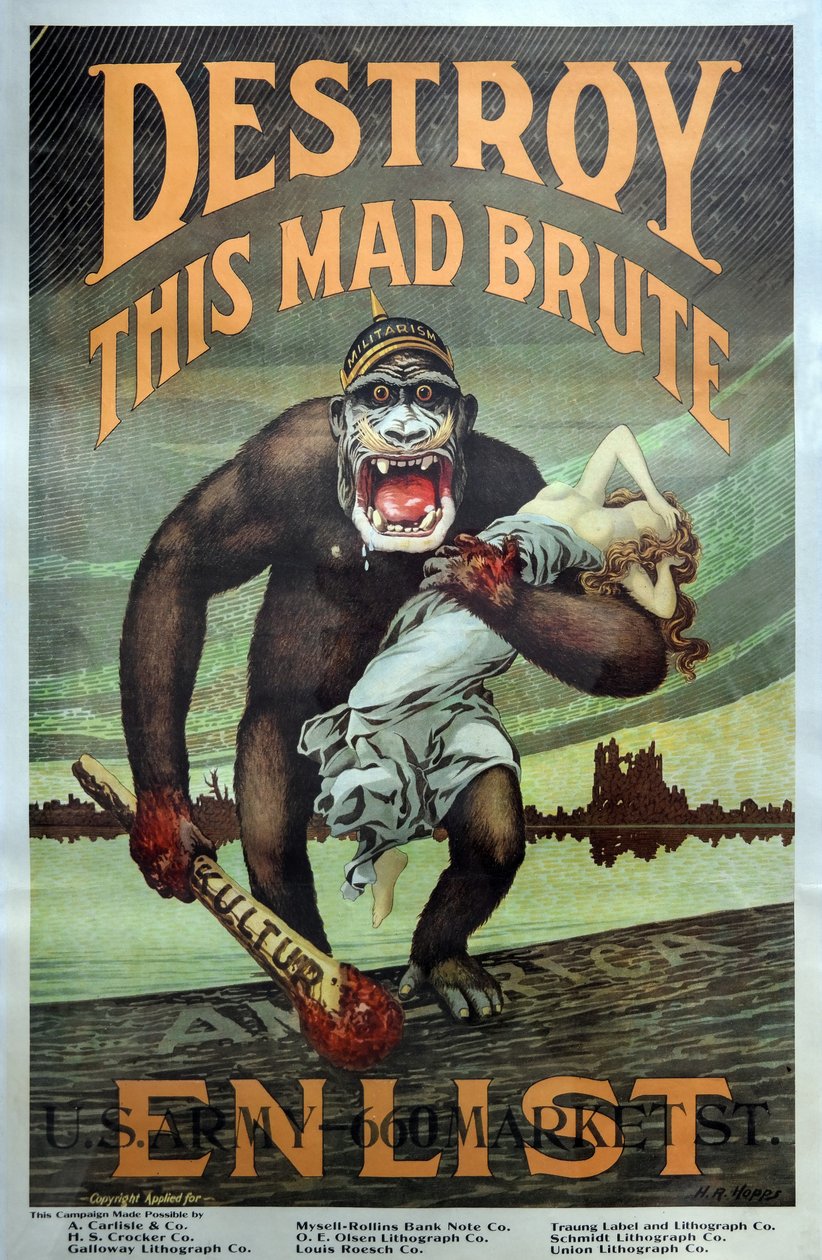 Americká vojenská náborová kampaň z 1. světové války "Zničte tohoto šíleného brute - narukujte" hospoda. 1917 od Harry R. Hopps