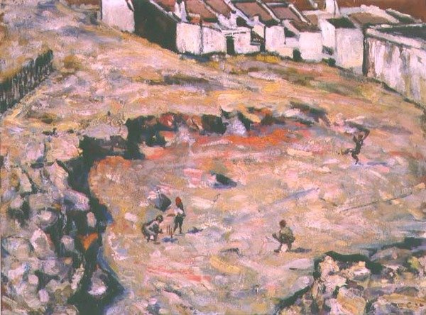 Kriketový zápas (olej na tvrdé desce) od Harry Stratford Caldecott