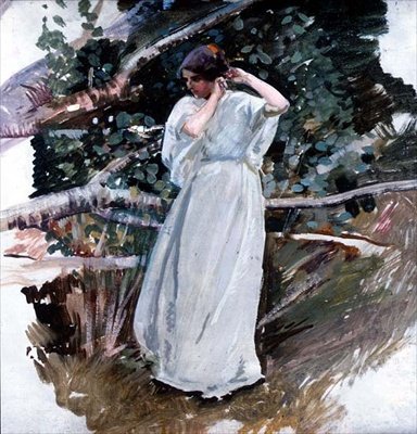 Mladá žena v dlouhých bílých šatech (panel) od Harry Watson