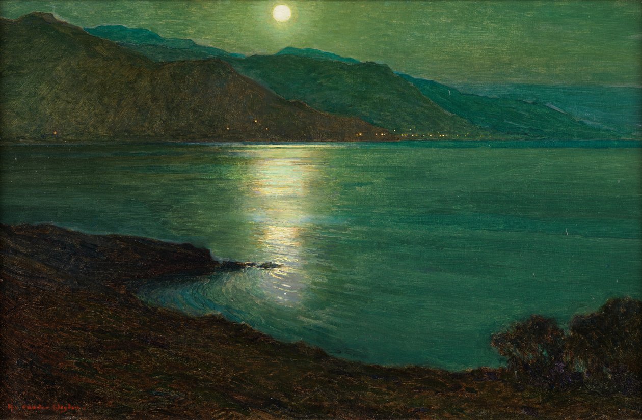 Moonlight - The Lights of Ventimiglia (olej na plátně položeném na palubě) od Harry van der Weyden