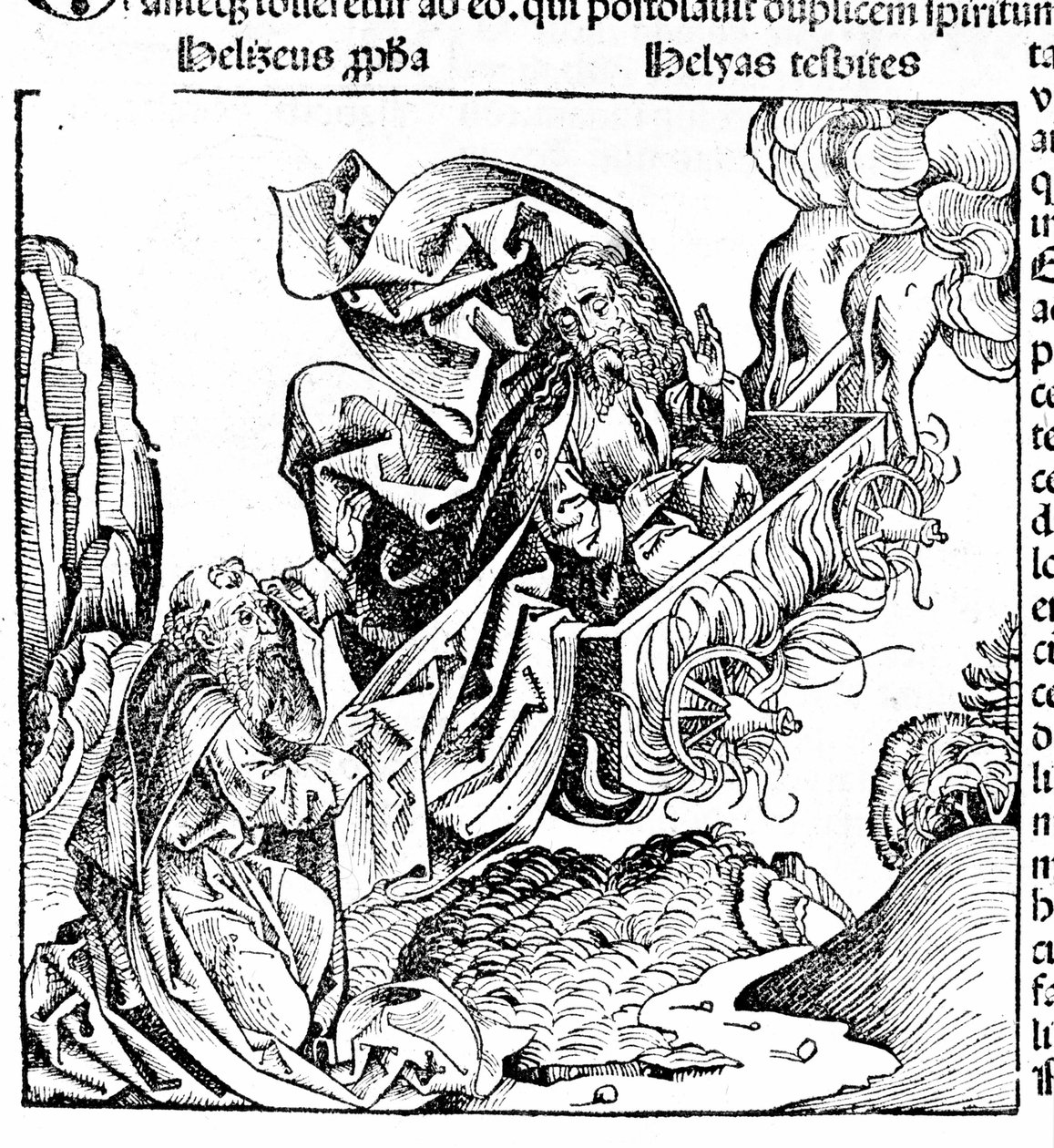 Eliáš vstává v ohnivém voze a přenechává svůj majetek Elisee. Hartmann Schedel: Kronika Norimberku. Norimberk 1497 od Hartmann Schedel