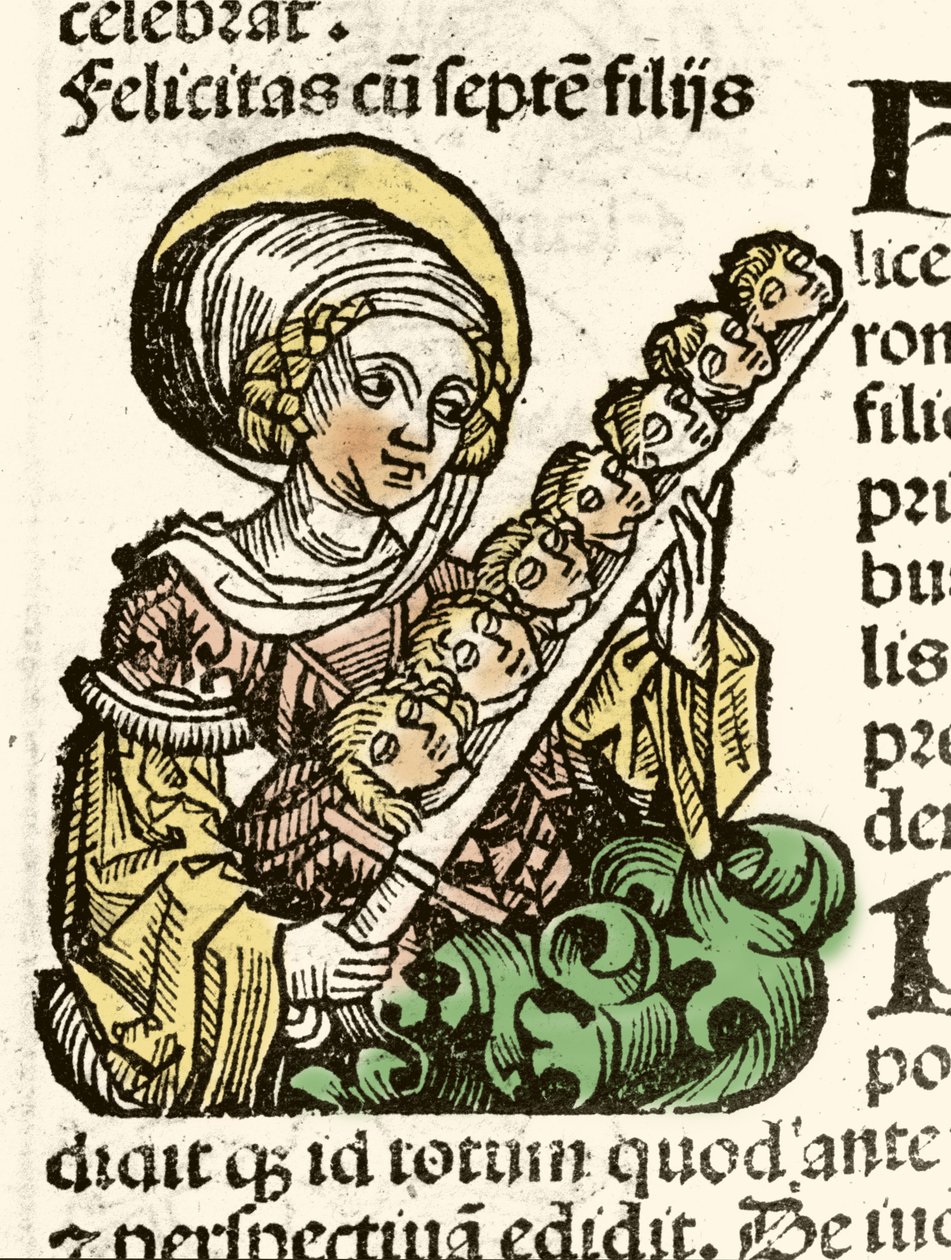 Reprezentace svaté Felicity, mučednická smrt v Římě s hlavami jeho sedmi dětí. xylografie Hartmanna Schedela "" Kroniky Norimberku """ 1493. od Hartmann Schedel
