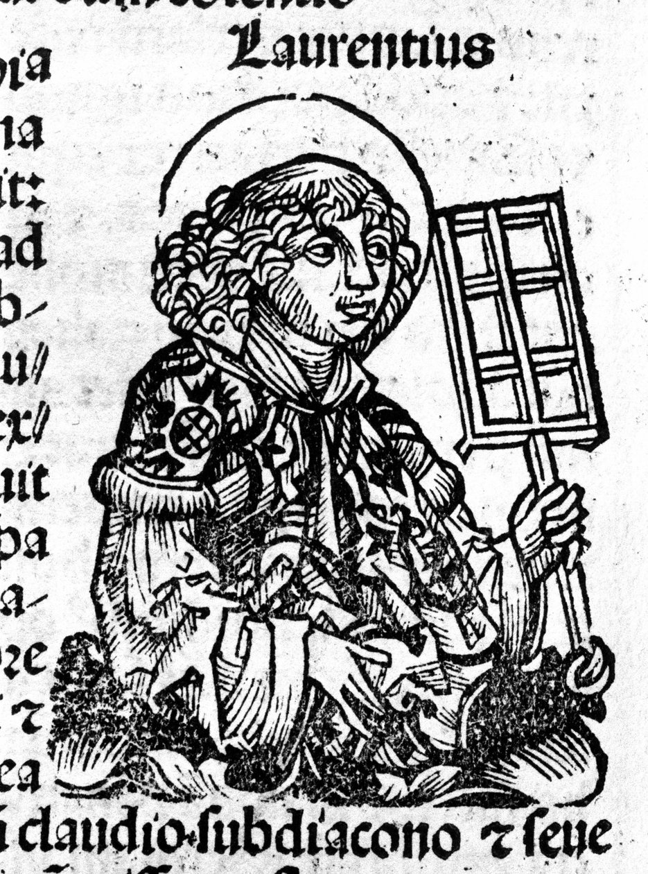 Saint Laurent drží v ruce gril, nástroj jeho mučednictví. Rytina z „Liber Chronicarum od Hartmanna Schedela“ od Hartmann Schedel