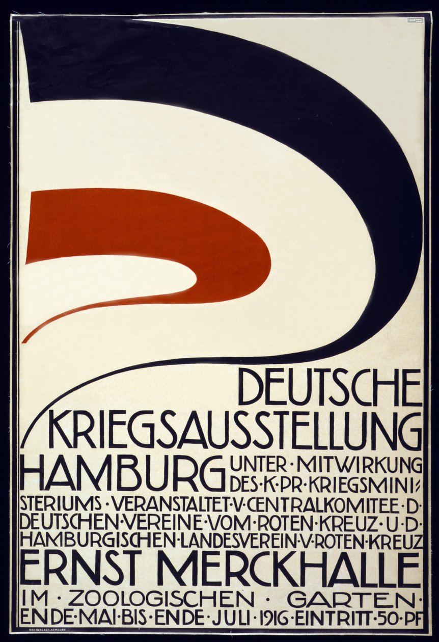 Plakát propagující válečnou výstavu sponzorovanou Červeným křížem Deutsche Kriegsausstellung, Hamburk květen - červenec 1916, 1916 od Hartung and Co.