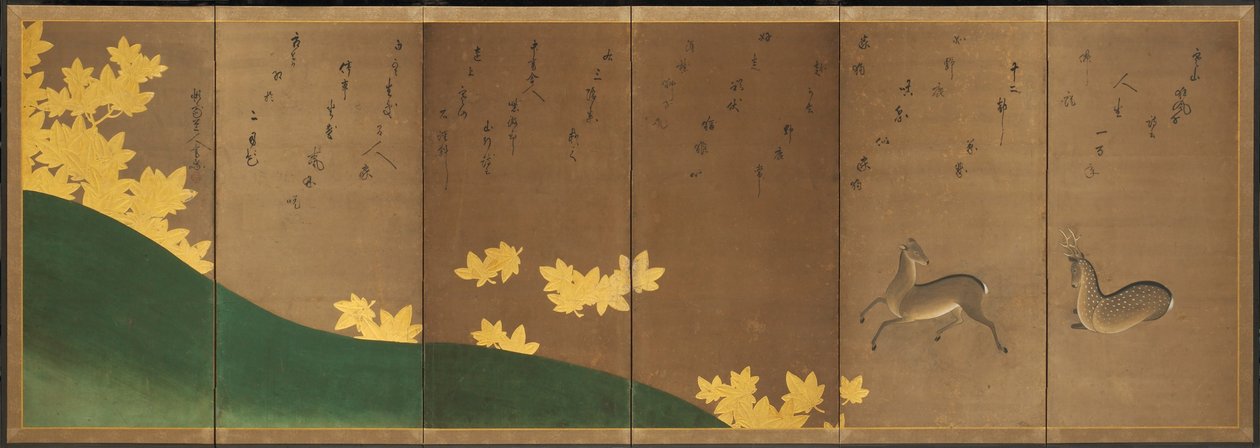 Jelen s javory, asi 1605-10 (šestidílné rozkládací plátno: tuš, barva a zlato na papíře) od Hasagawa & Sodon Tetsuzan (1531 1617) (attr.) Tohaku