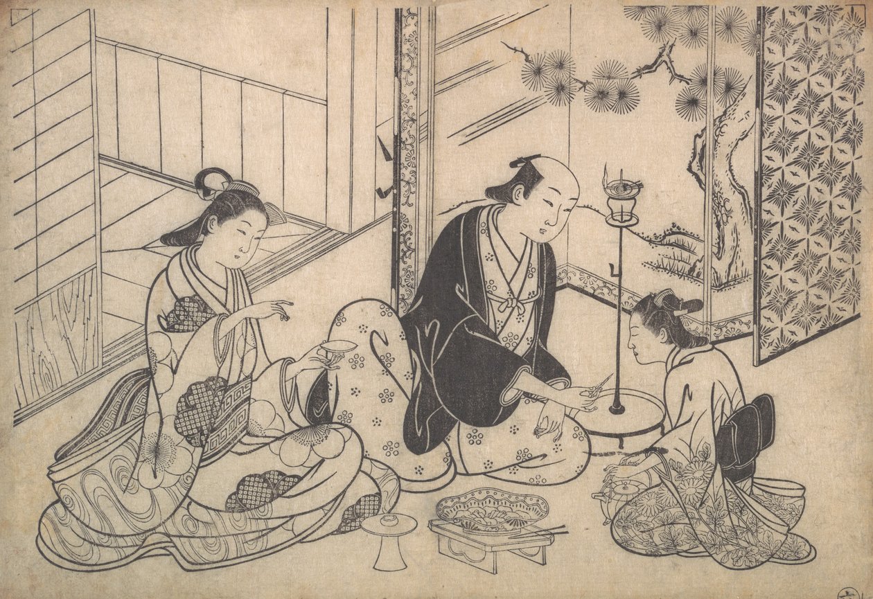 Interiér, tři postavy: Sake Party, ca. 1730. od Hasegawa Mitsunobu