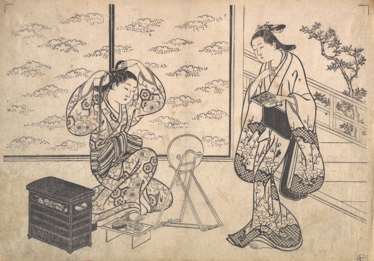 Dvě ženy v místnosti otevření na verandě, ca. 1730. od Hasegawa Mitsunobu