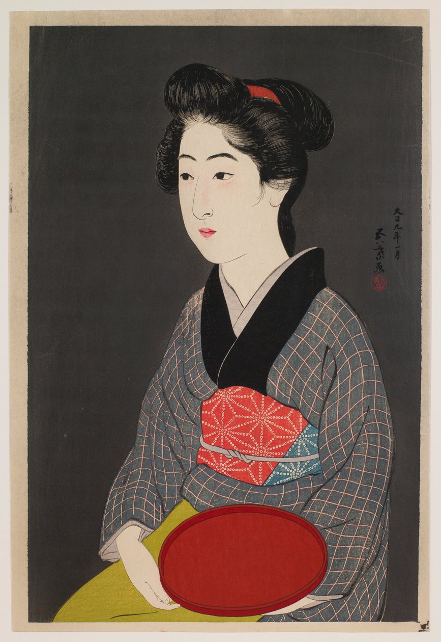 Servírka drží podnos (Portrét Onao, služebná v hostinci Matsuyoshi, Kyoto) od Hashiguchi Goyô